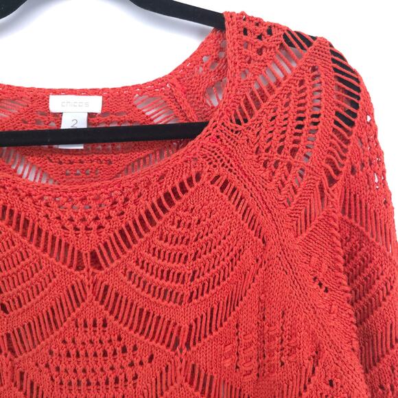 CHICOS Boho Orange Open Lace Knit Art Deco Sweater Cropped Sleeves 2 (12/14) - Picture 4 of 13
